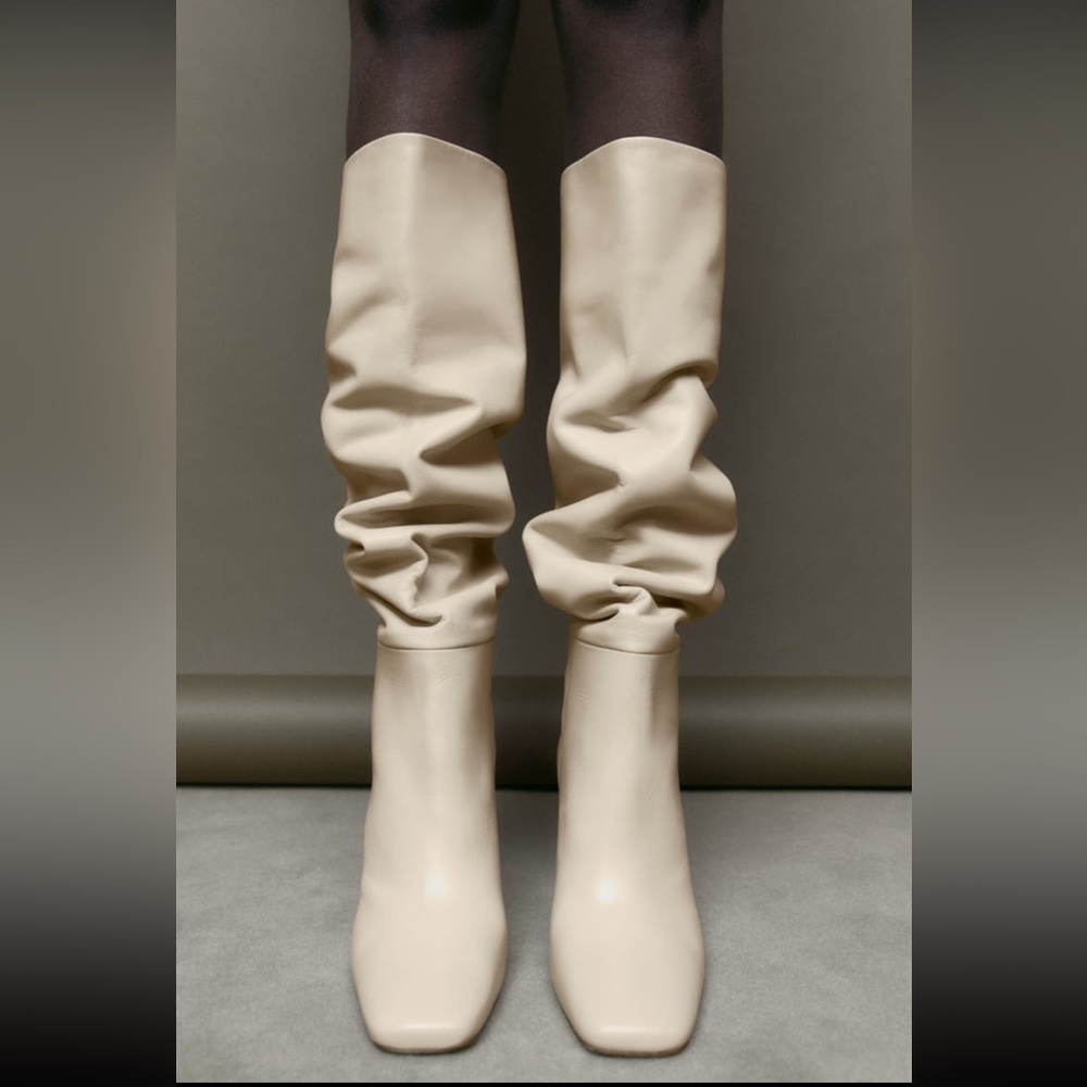Zara Knee High Off White Ecru Leather Heeled Boots
